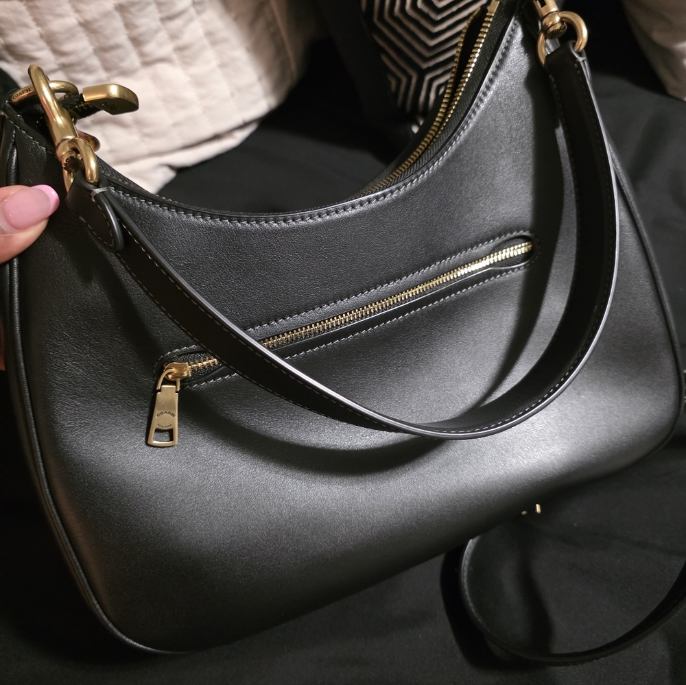 Coach Black Leather Shoulder Bag with Gold Studs|Coach Teri Hobo with Grommets - Picture 3 of 5